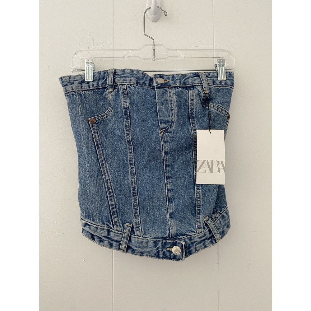 Zara Denim Corset Top Strapless Bustier Zip Front Smocked Back Sz Small New‎